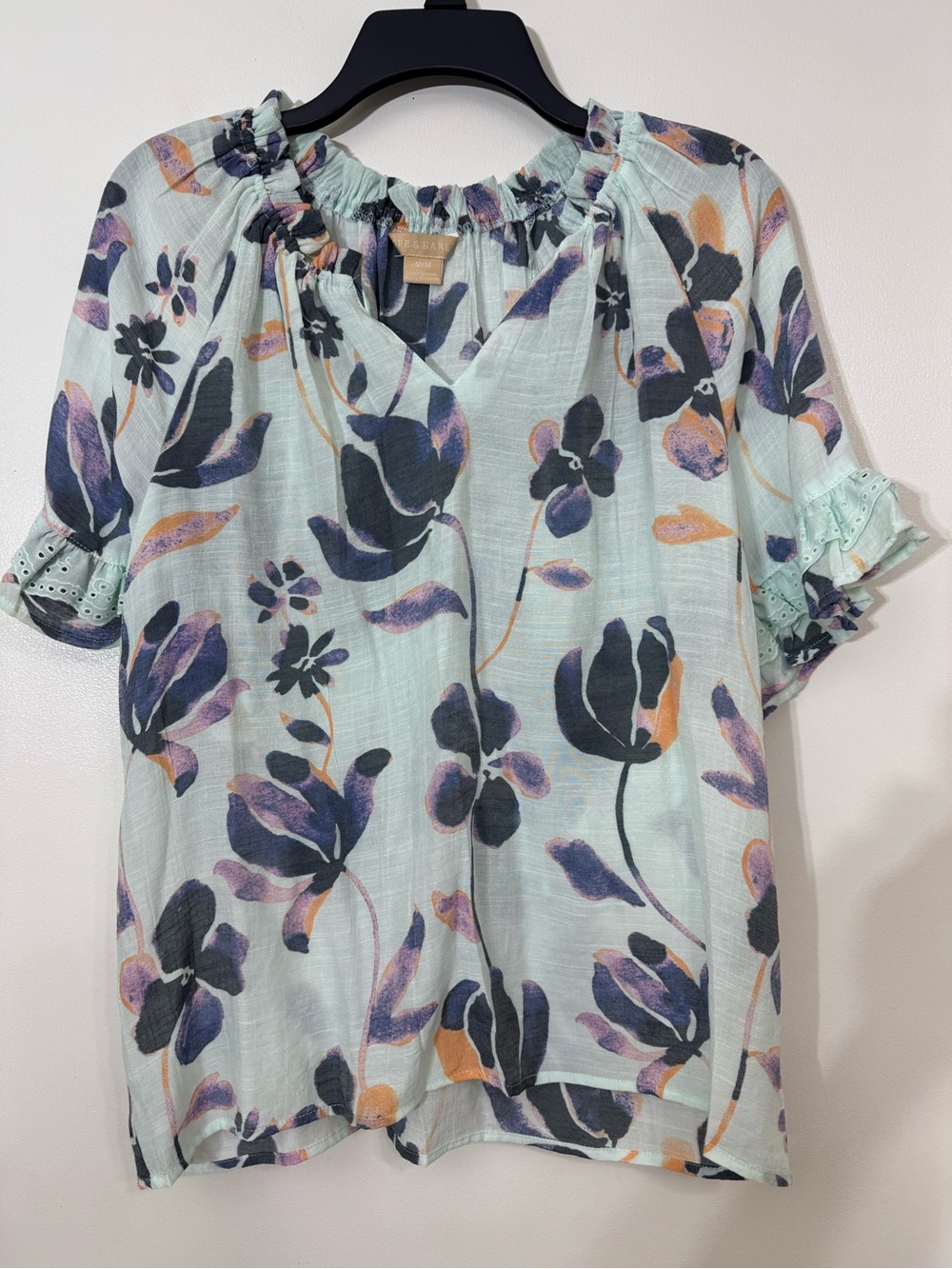 Mint Floral Ruffle-Neck Short Sleeve Blouse